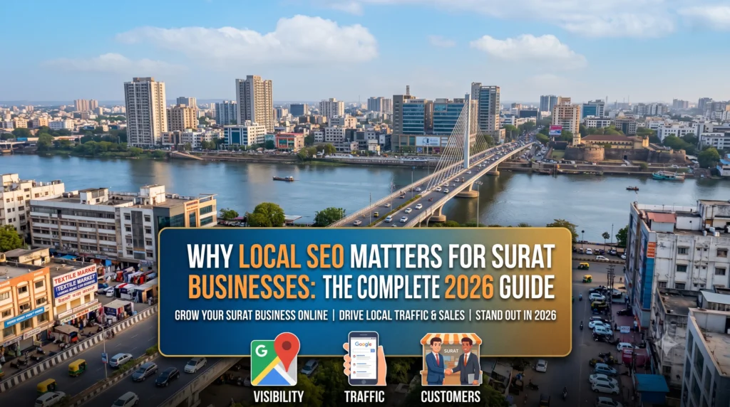Local SEO Matters for Surat Businesses guide featuring Surat skyline, Google Maps, and strategies to grow local traffic and customers in 2026